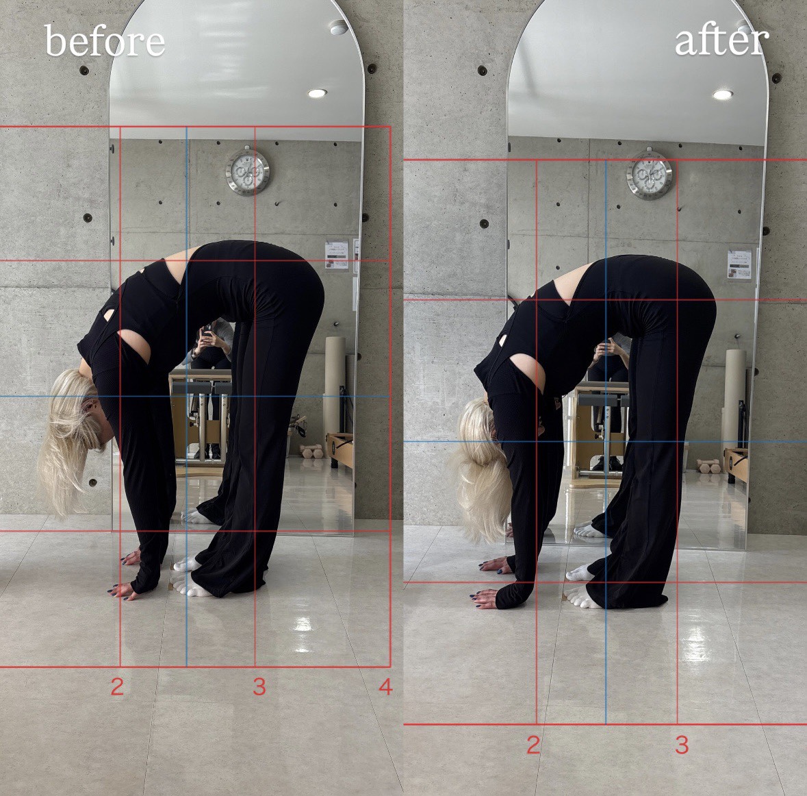 前屈の比較のビフォーアフター写真。左が前、右が後。